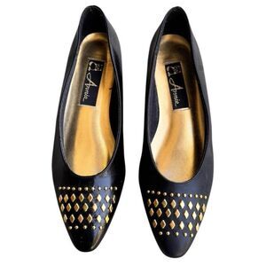 90s Annie Black faux leather with gold studded toe flats size 7,5